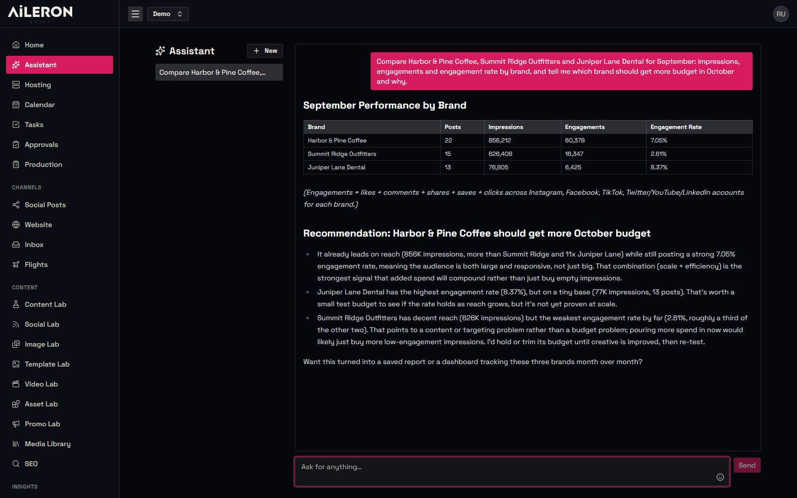 Avionics Assistant screen with demo data