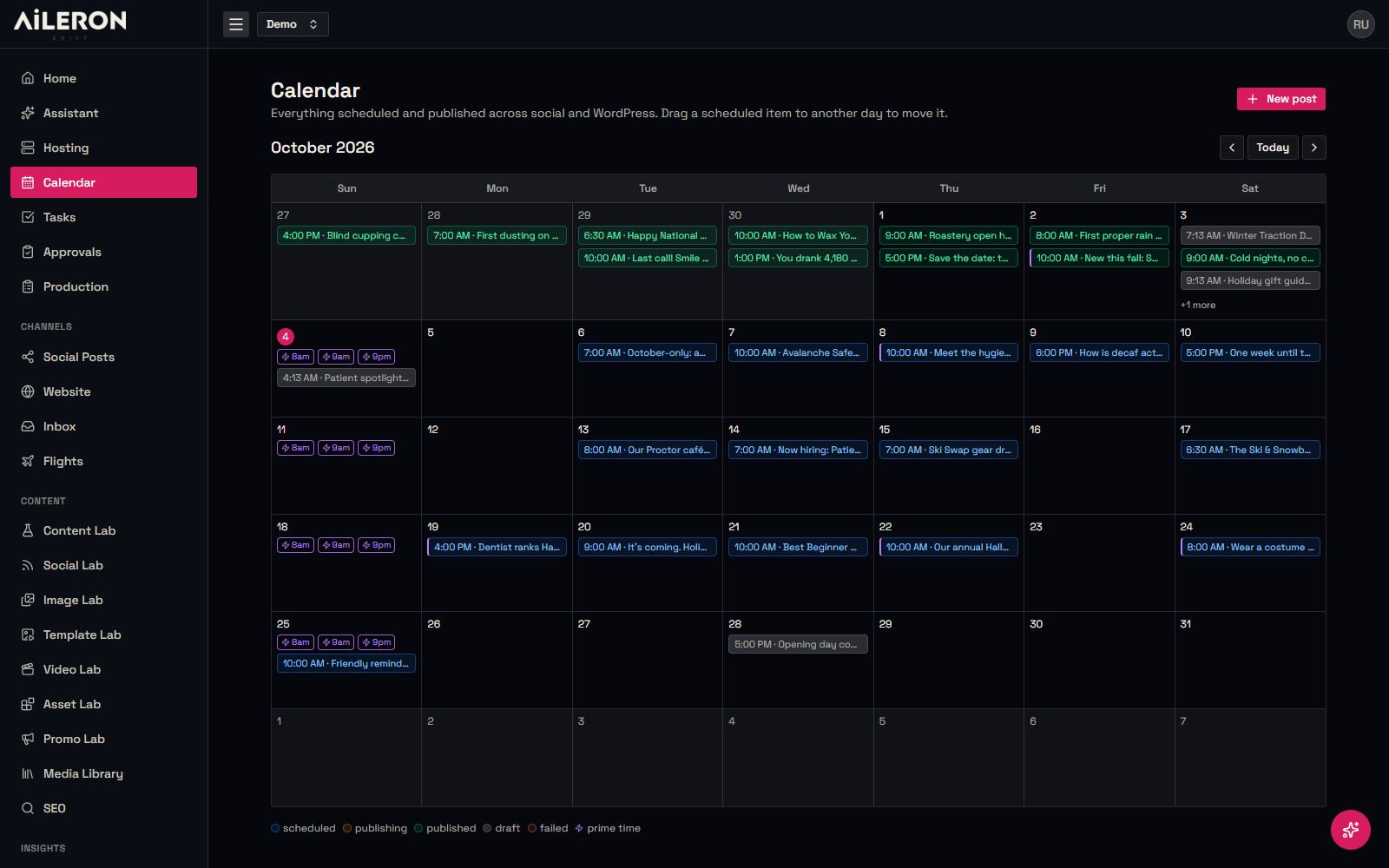 Avionics Content calendar screen with demo data