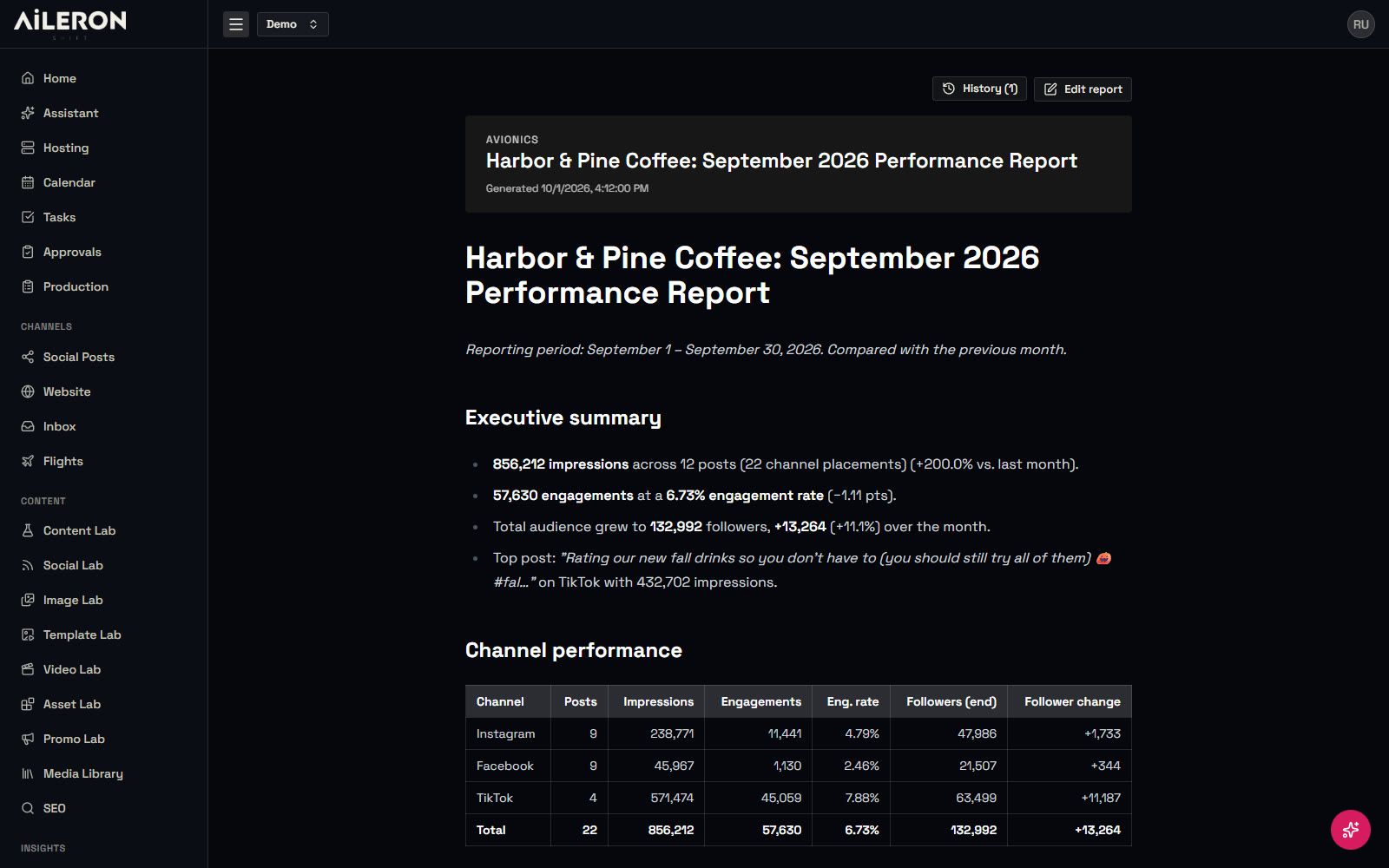 Avionics AI analyst screen with demo data