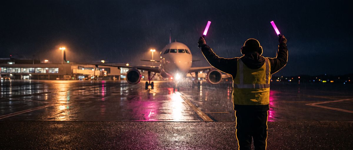 A ground marshaller signals an airliner on a wet runway at night